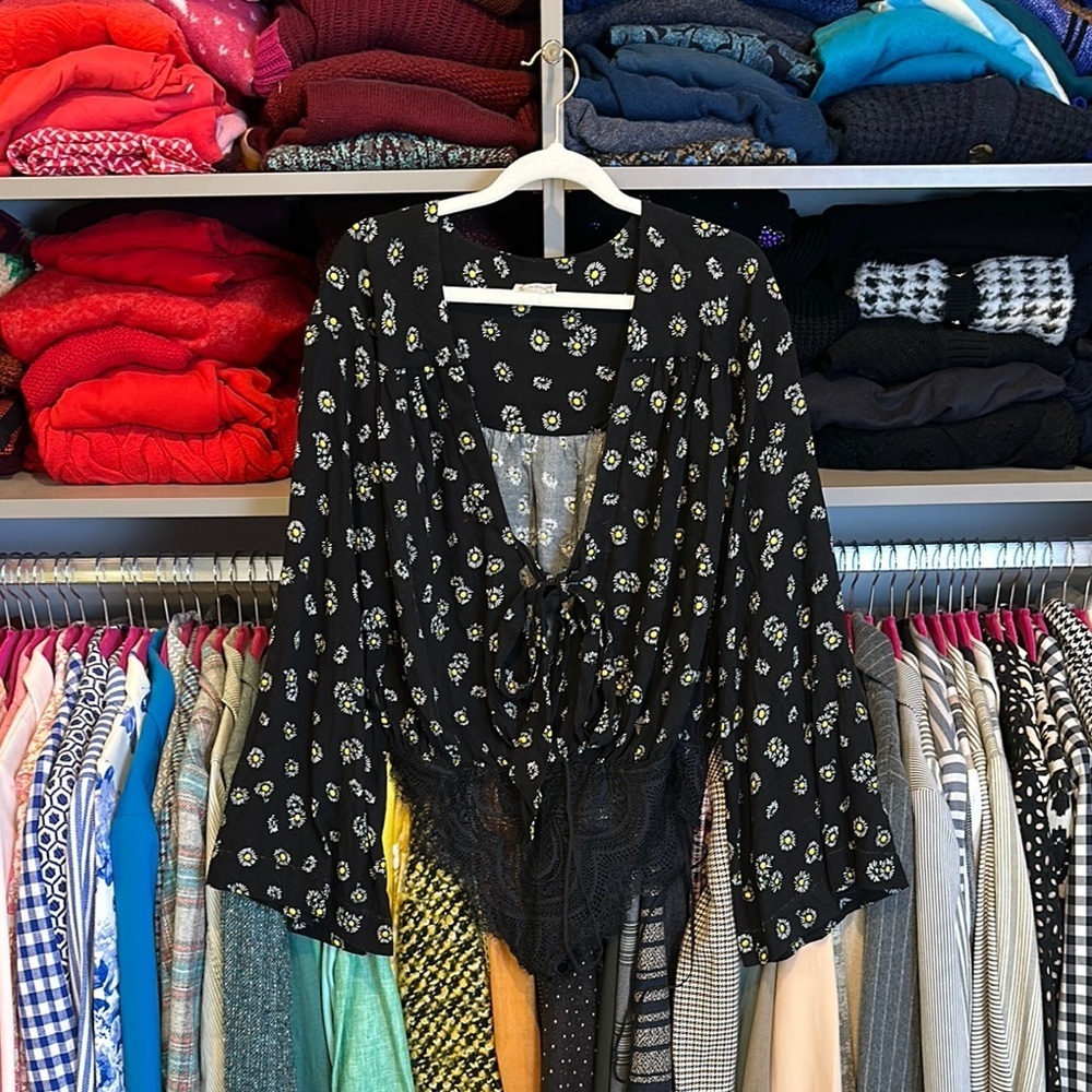 Free People black/yellow floral long sleeve v neck tie front bodysuit size XS